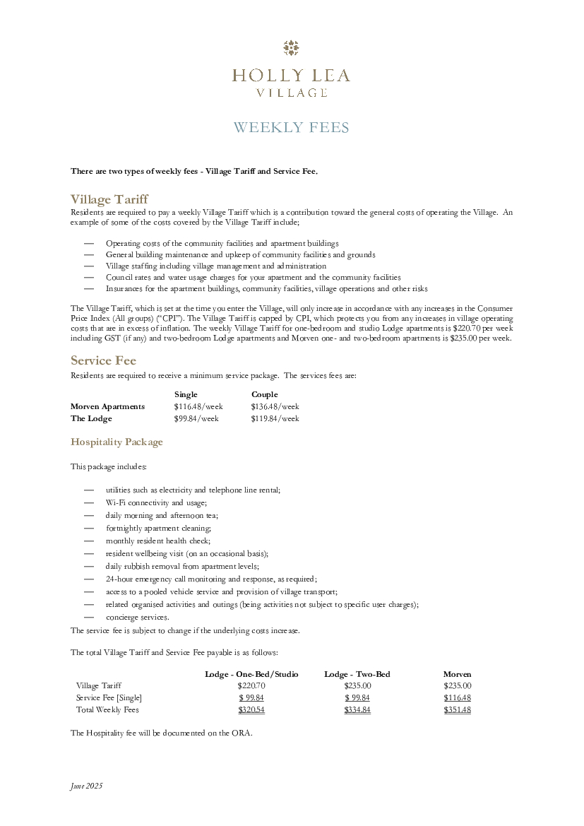 Holly Lea Village | Weekly Fees thumbnail image